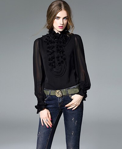 Haut de gamme automne nouvelle femmes Satin soie Blouse chemise décontracté à volants col pli pulls réel soie Blouses hauts: Black silk blouse / L