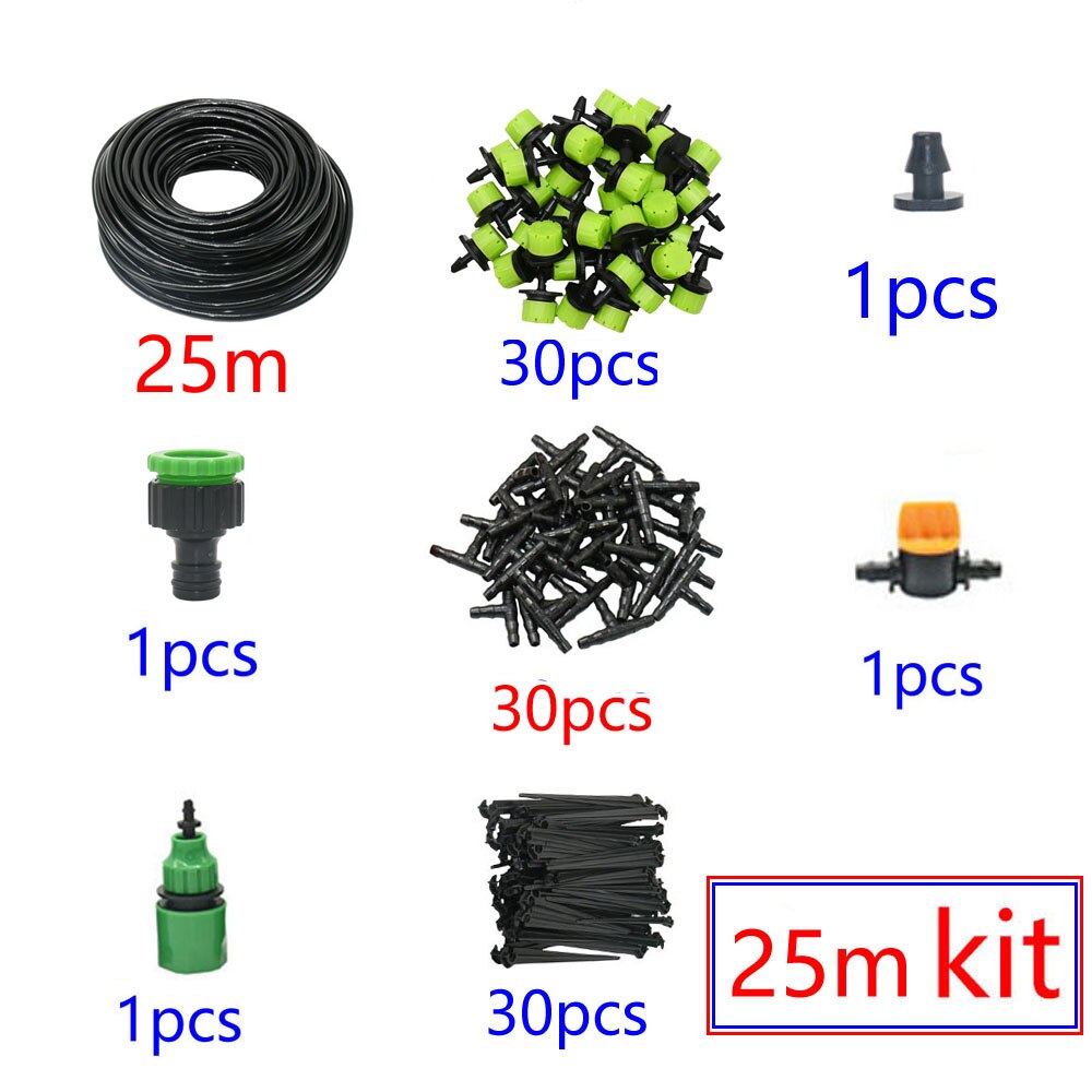 Sistema de riego por microgoteo automático para jardín, kit de autoriego por aspersión de 8 agujeros con gotero verde ajustable, 5-60M, 1/4 pulgadas: 25m