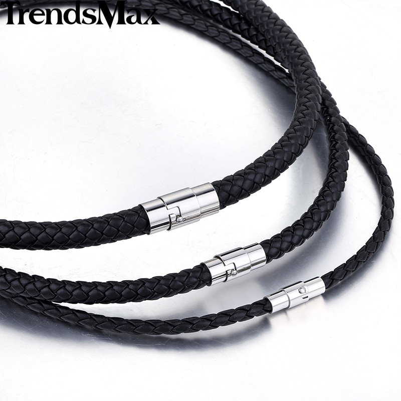 Classic Men's Women's Leather Choker Necklace Black Brown Braided Rope Chain Stainless Steel Clasp Jewelry UNM09