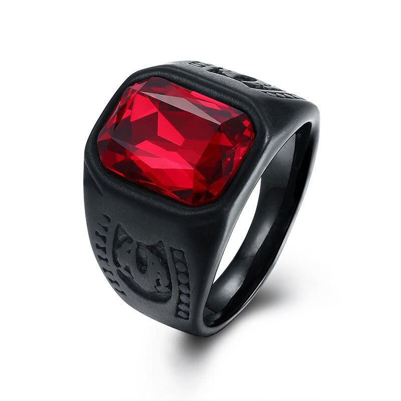 Anillo de boda gótico Punk para hombre y mujer, sortija de boda con piedra roja, cristal negro, para ,: 8