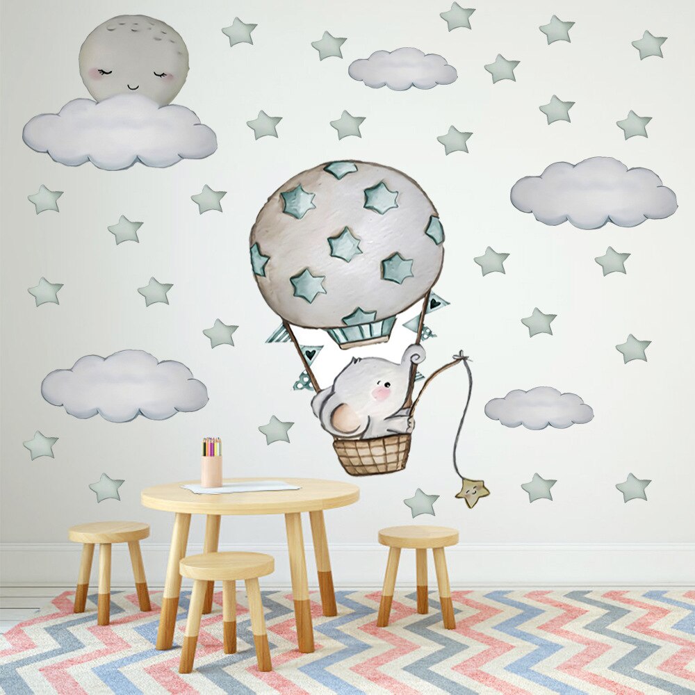 Luftballon vægklistermærker sky måne stjerner pvc tegneserie baby elefant vægklistermærker til børneværelse baby vuggestue værelse dekoration