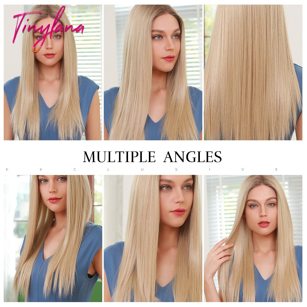 Perruque Lace Front wig synthétique lisse – TINY LANA, perruques longues et soyeuses blondes à racines brunes, perruques quotidiennes à haute densité pour femmes, résistantes à la chaleur