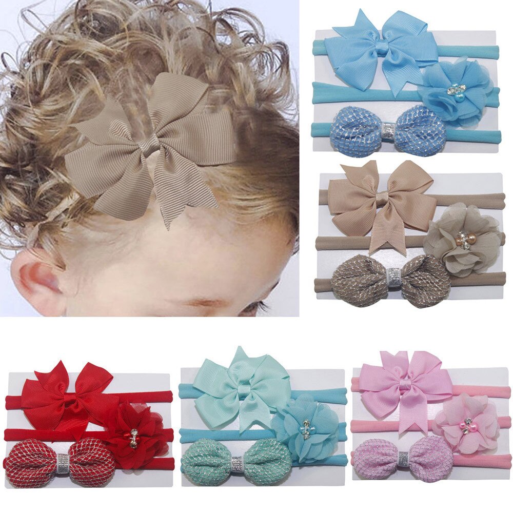 3Stck freundlicher Elastische Blumen- Stirnband Perle Haar Mädchen Baby Bowknot Haarband einstellen prinzessin kleid zubehör Повязки Для Волос