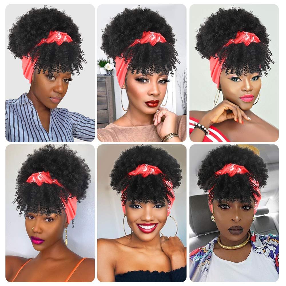 Afro Puff Turban Synthetic Wig Short Kinky Curly Headwrap Drawstring Wrap-wig 2 in 1 Updo Head-Wrap Wig for Black Women