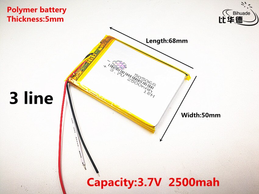 3 lijn Goede Qulity 3.7 V, 2500 mAH, 505068 lithium Polymeer ion/Li-Ion batterij voor SPEELGOED, POWER BANK, GPS, mp3, mp4