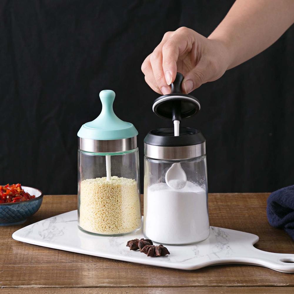Envase para condimentos de vidrio con cuchara de cocina botella de aceite de condimento transparente frasco de sal de glutamato monosódico caja de especias