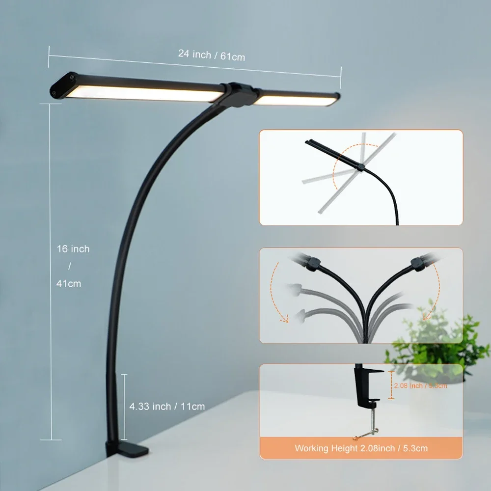 Lampada da scrivania per protezione degli occhi a doppia testa Luce regolabile a 10 livelli Clip LED da 10 W Collo di cigno flessibile Illuminazione per ufficio domestico Luci da scrivania