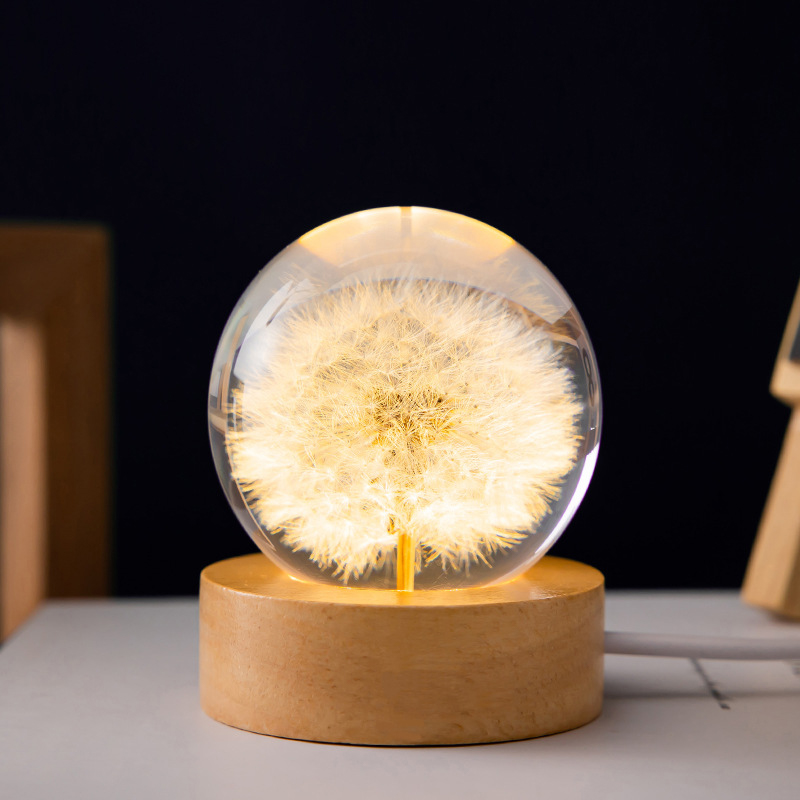 Bola de cristal de diente de león 3D, 5cm, 6cm, luminosa, de flores de inmortalidad, bola de cristal, soporte de madera, Base, bola de esfera de flor preservada