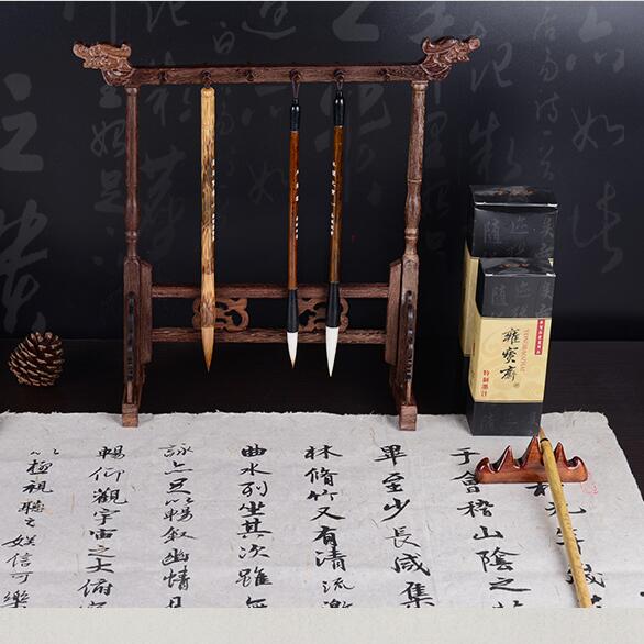 Antieke Eenvoudige Stijl 12 Hangers Schrijven Penhouder Traditionele Schrijven Borstel Hanger Massief Wenge Hout Praktische Studie Pen Rack