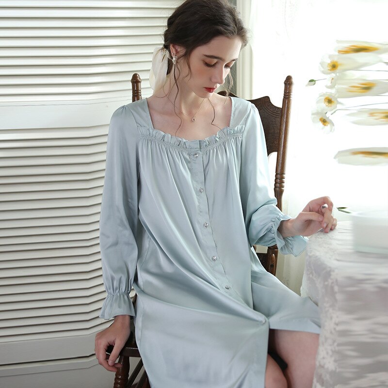 Women Satin Nightwear Autumn Ice Silk Romantic Nightgown Long Sleepshirts Comfy Sleepwear Peignoir Vintage Victorian Night Dress: Blue / XL