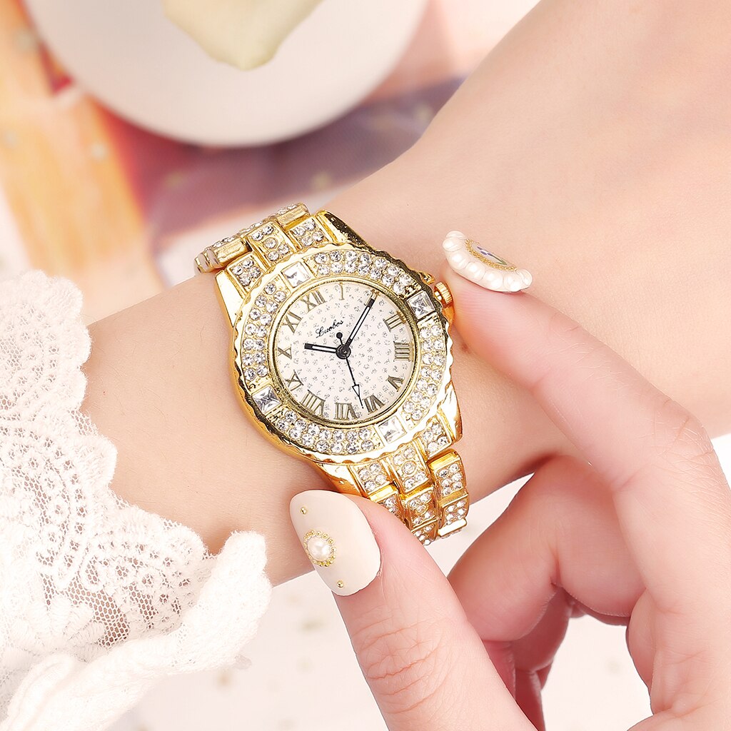 Women Gold Rhinestone Bracelet Watches Luxury Stainless Steel Waterproof Quartz Dress Wrist Watches Relogio Feminino
