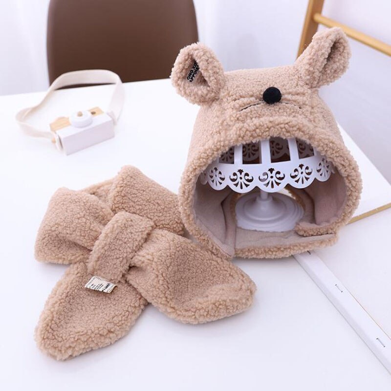 Doitbest 2 to 6 år bebis barn mössa liten mus lammull pojkes stickade mössor vinter 2 st pojke tjej mössa scarf set: Kaki