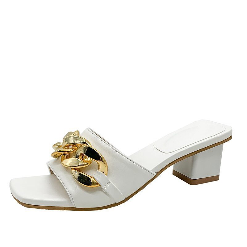 Summer Female PU Women's Slippers Metal Chain Decoration Square Heel Mules Slides Peep Toe Ladies Shoes: White / 9