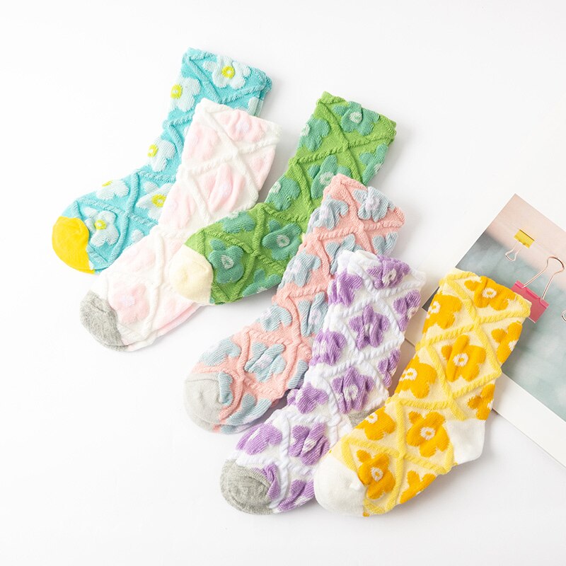 3 paia di calzini estivi a bolle per bambini fiori colorati calzini tubolari per bambini in cotone morbido calzini corti traspiranti per studentesse 1-9 anni
