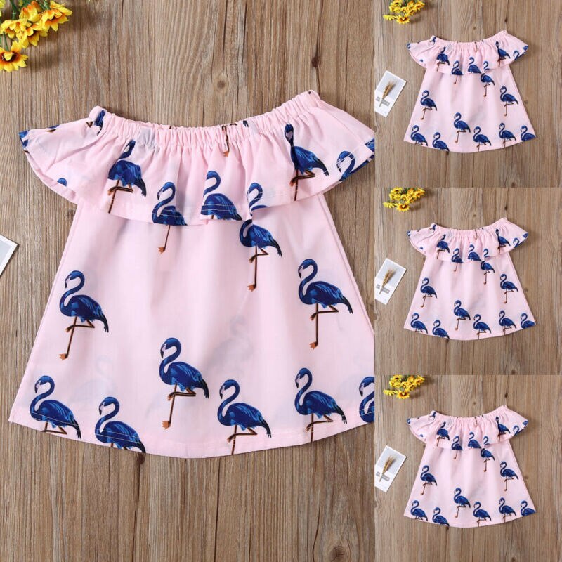 Crianças recém-nascidos do bebê meninas festa camiseta topos flamingo impresso vestido dos desenhos animados saia vestido de verão roupas topos