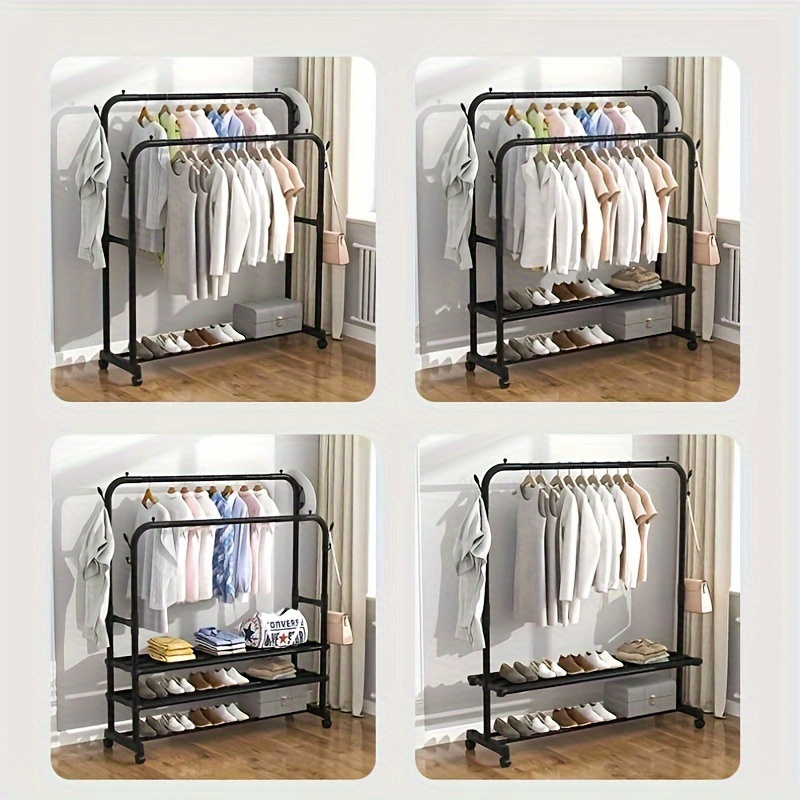 Tendedero de ropa de doble capa con estante para almacenamiento de zapatos, estante organizador, de pie para dormitorio, balcón o baño