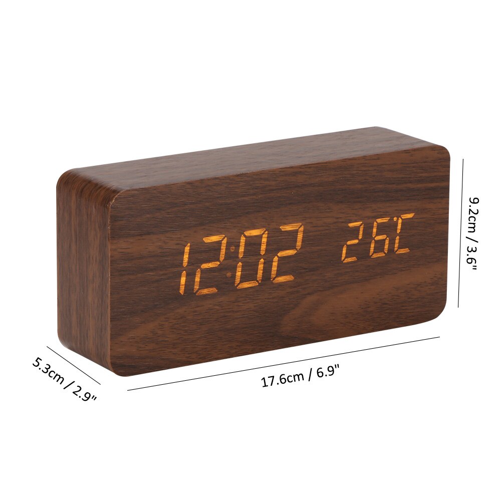 Digital Thermometer Holz LED Alarm Uhr Hintergrundbeleuchtung Stimme Kontrolle Holz retro glühen Uhr Schreibtisch Tabelle leuchtend Alarm Uhren: Quader Braun