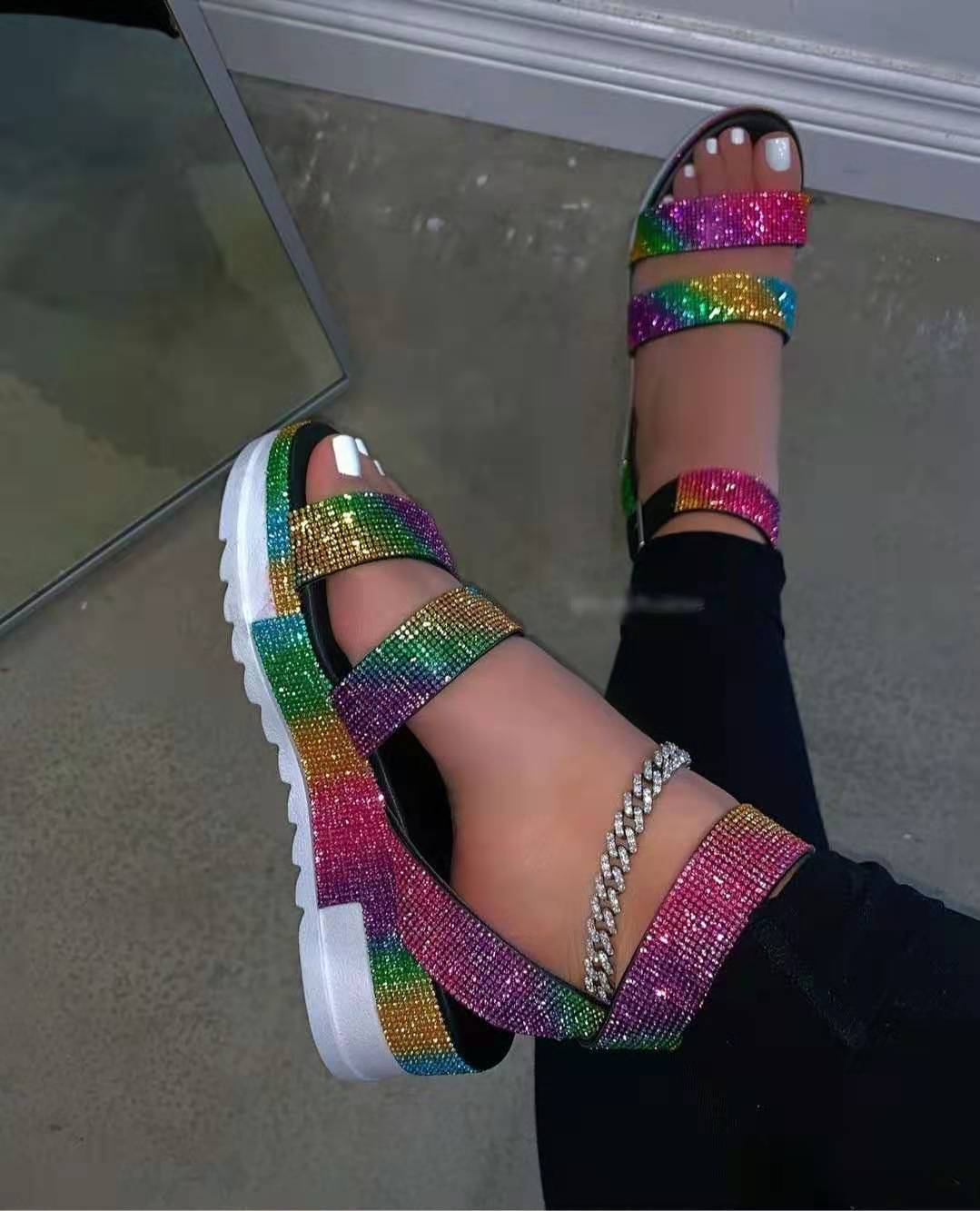 Shiny Rhinestone Platform Bling Beach Sole Ankle Strap Women Sandals Ladies Sports Style Wedges Casual Shoes Big Size 43 AC775: color / 38