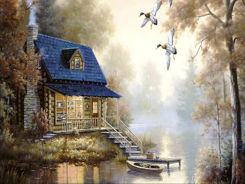 5D Diamant Schilderij Tuin Hut Diamant Geborduurde Bloemen Volledige Boor Kruissteek Alle Geplaatst Forest Lake Landschap: 2067
