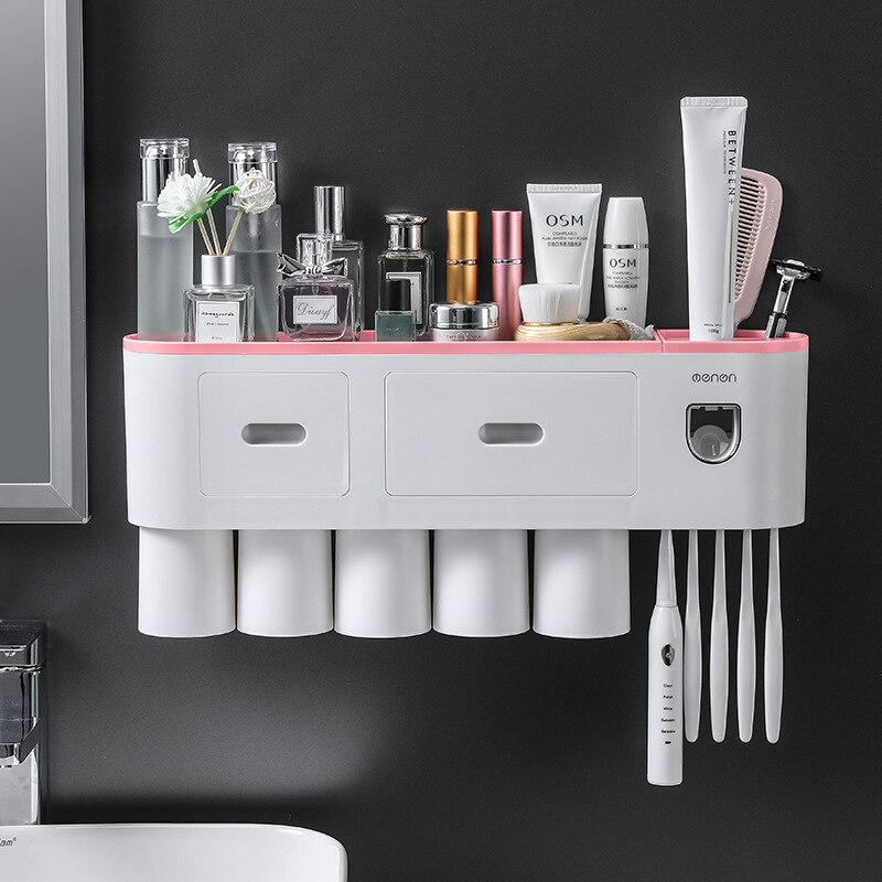 Magnetic Adsorption Toothbrush Holder Automatic Toothpaste Squeezer Home Storage Shelves Wall-mounted Bathroom Accessories Set: 5 Cups Pink