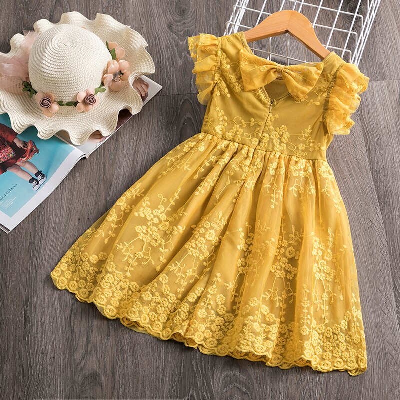 Vestidos de flores de verano para niñas, ropa informal sin mangas de encaje a la para niños de 3 a 8 años, vestidos de princesa de: Yellow2 / 7