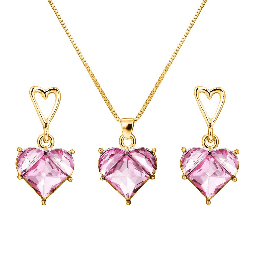 Conjunto de collar y pendientes de cristal rosa con circonita de corazón para mujer, collar colgante de lujo, pendientes, conjuntos de joyería de boda, , 3 uds.: Chapado en rodio
