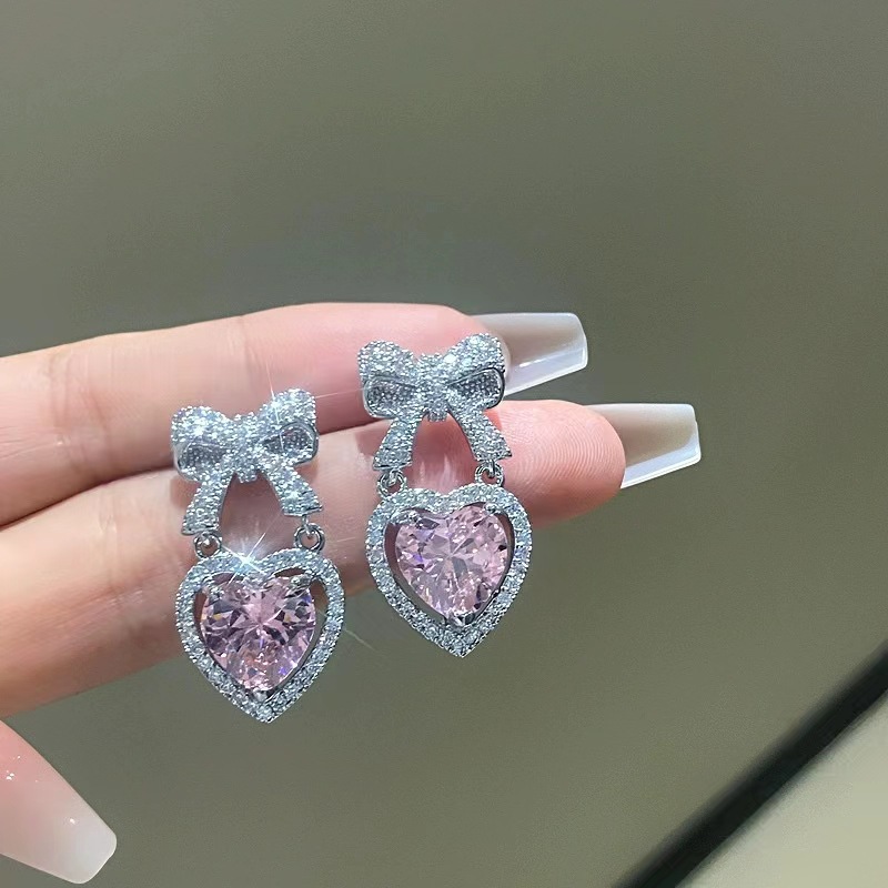 Korean Pink Pendant Earrings Princess Full Rhinestone Bow Love Heart Earrings Women's Wedding Aesthetic Jewelry: Hot Stamping