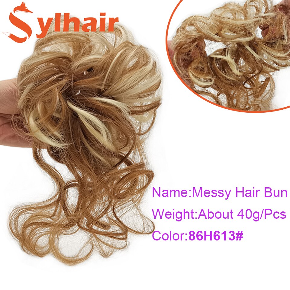 Sylhai-moño de pelo rizado sintético para mujer, moño marrón desordenado con cuerda elástica para el cabello, banda de goma, extensiones de cabello: 86H613