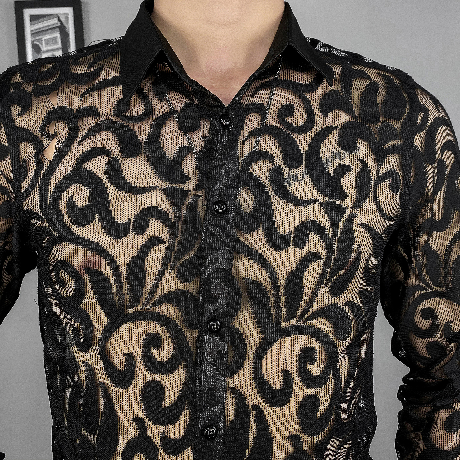 Autumn Sexy Transparent Lace Shirt Men Clothing 2022 Simple All Match Slim Fit Long Sleeve Club/Prom Tuxedo Chemise Homme