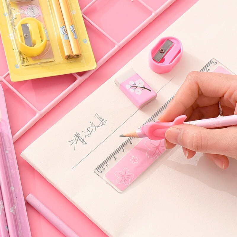 Conjunto de lápices lindos Kawaii con goma de borrar soporte de pluma con sacapuntas para la escuela de los niños 6 piezas de papelería Set de
