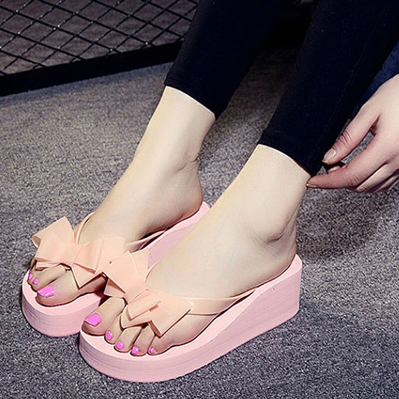 High Heels Women Flip Flops Summer Sandals Platform Wedges Slippers EVA Bow Beach Shoes Woman: pink / 39