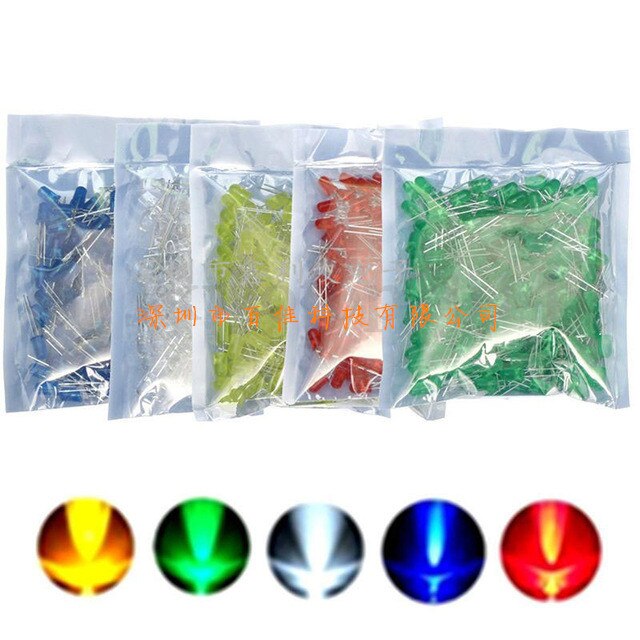 500pcs 5mm LED Assortment – Red Yellow Blue Green White Clear Round Top Bright
