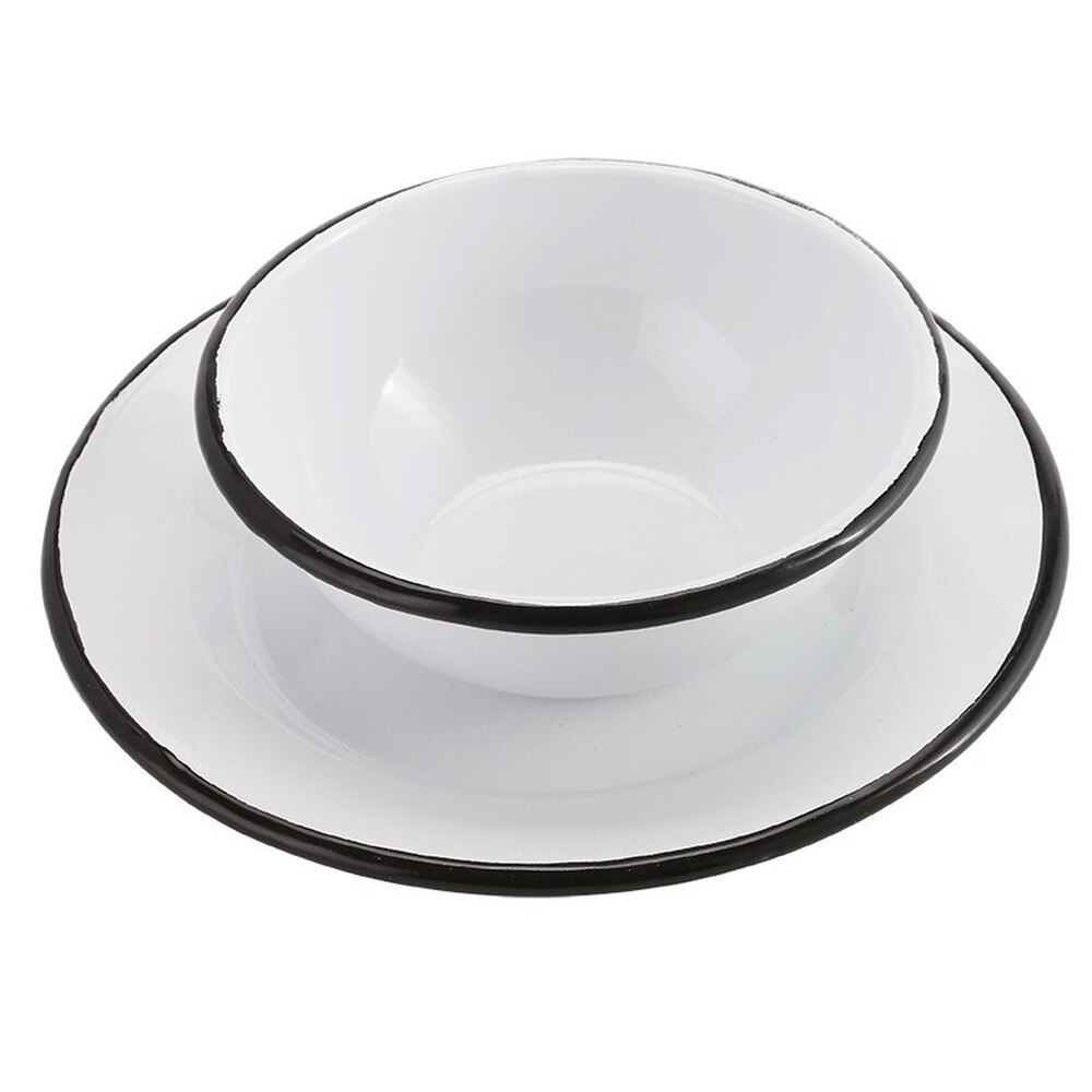 15-26cm Thick Enamel Bowl Household Disc Breakfast Tableware Dinner Plate European Enamel Tableware Set White Crimping