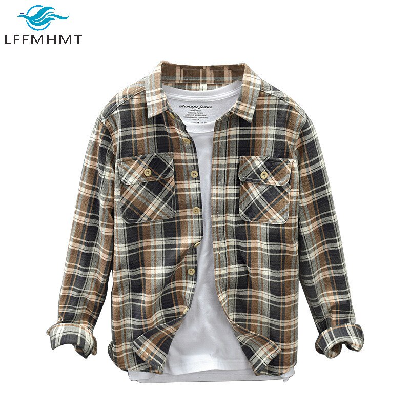 Camisas simples de manga larga estilo japonés a cuadros clásicas con solapa para hombres Harajuku verano otoño bolsillos Tops de algodón ropa de calle con ajuste Delgado