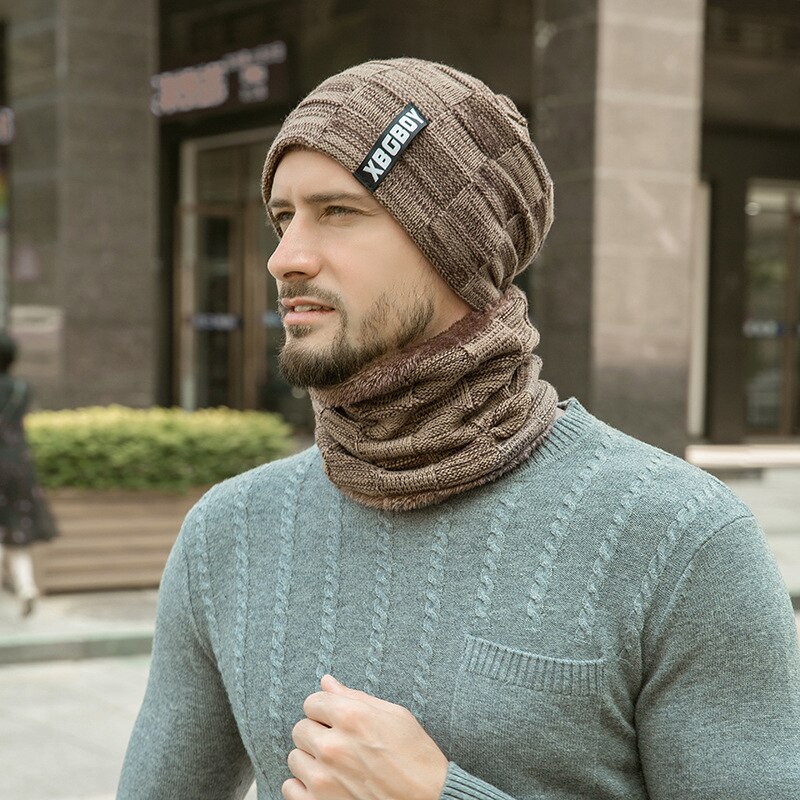 Ensemble de bonnets et écharpes en tricot pour hommes et femmes, couvre-chef avec doublure polaire épaisse pour le cou: khaki