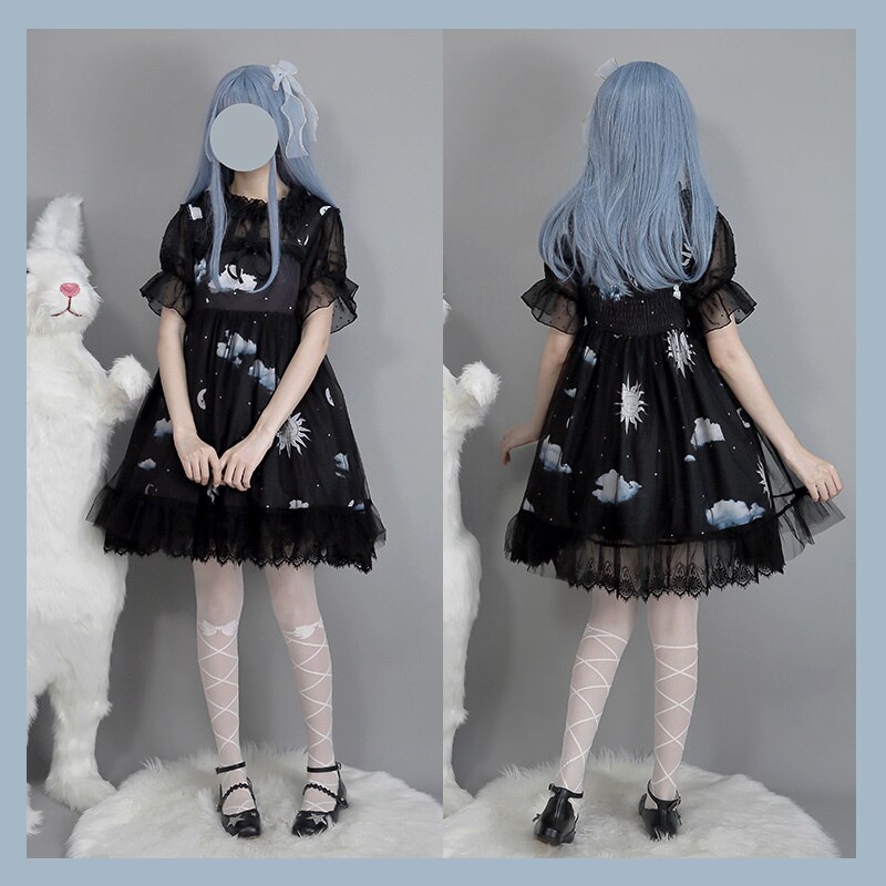 Dark Lolita Sterrenhemel Gradiënt Wolken Kawayi Jurk Originele Loli Js Mouwloze Sling Jurk Leuke Meisje Konijn Ondergoed Pak