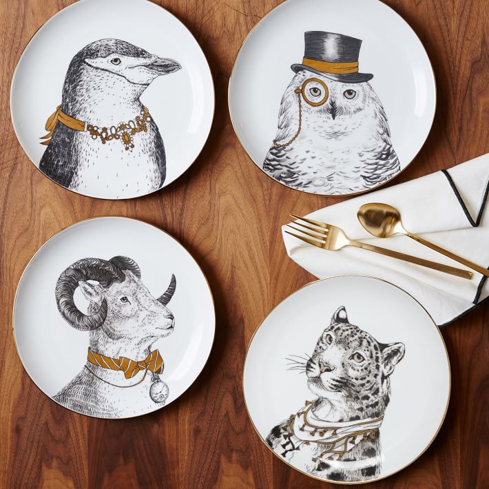 Assiettes à dîner en céramique De | Série animaux Royal Noble De 8 pouces, assiettes De table en porcelaine blanche en os De