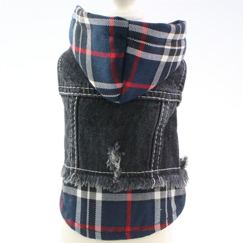 Chaqueta vaquera para perros y gatos, chaleco con capucha para perros y mascotas, chaqueta con sombrero a cuadros, ropa de Primavera/otoño: Blue Plaid Hat / XS