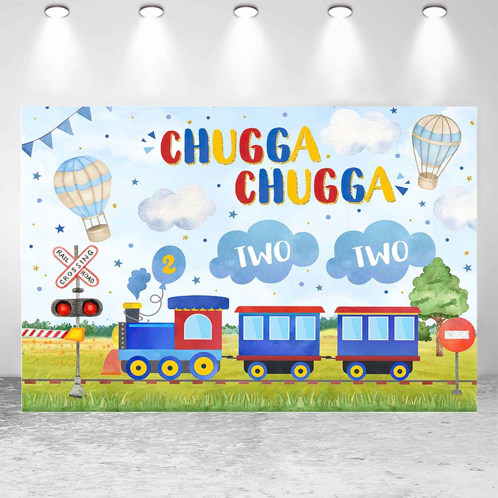 Mocsicka Choo Choo Train Kids 2nd Birthday Background Hot Air Balloon Boy Two Cake Smash Portrait Photography Background Photocall