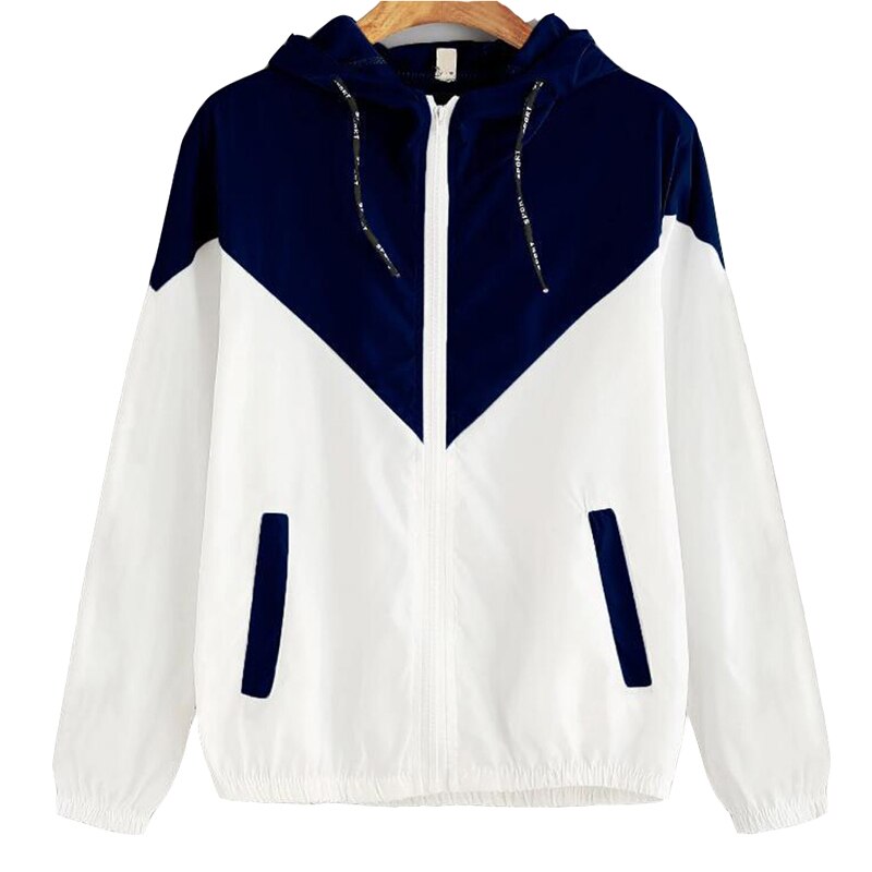 Kvinder hættetrøjer kvindelige lynlåslommer afslappet lange ærmer hættetrøjer efterår dame patchwork sport hættetrøjer femme: Blå / Xl