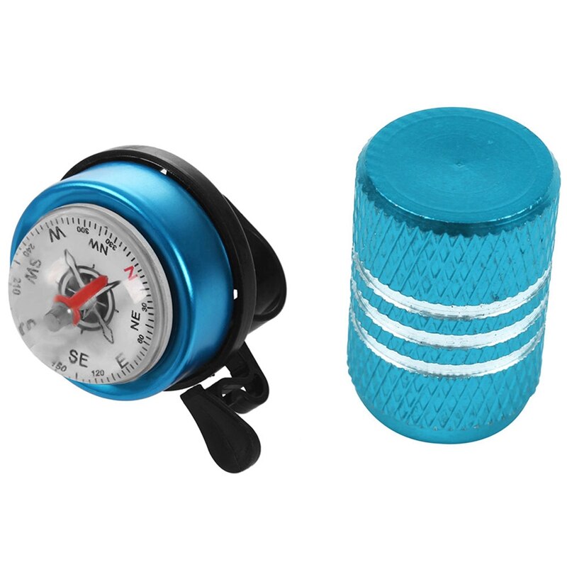 1Pcs Bicycle Bike Bell Compass Style for Dia 22Mm Handlebar & 5Pcs Around Tire Dust Caps Aluminum Alloy Light Blue