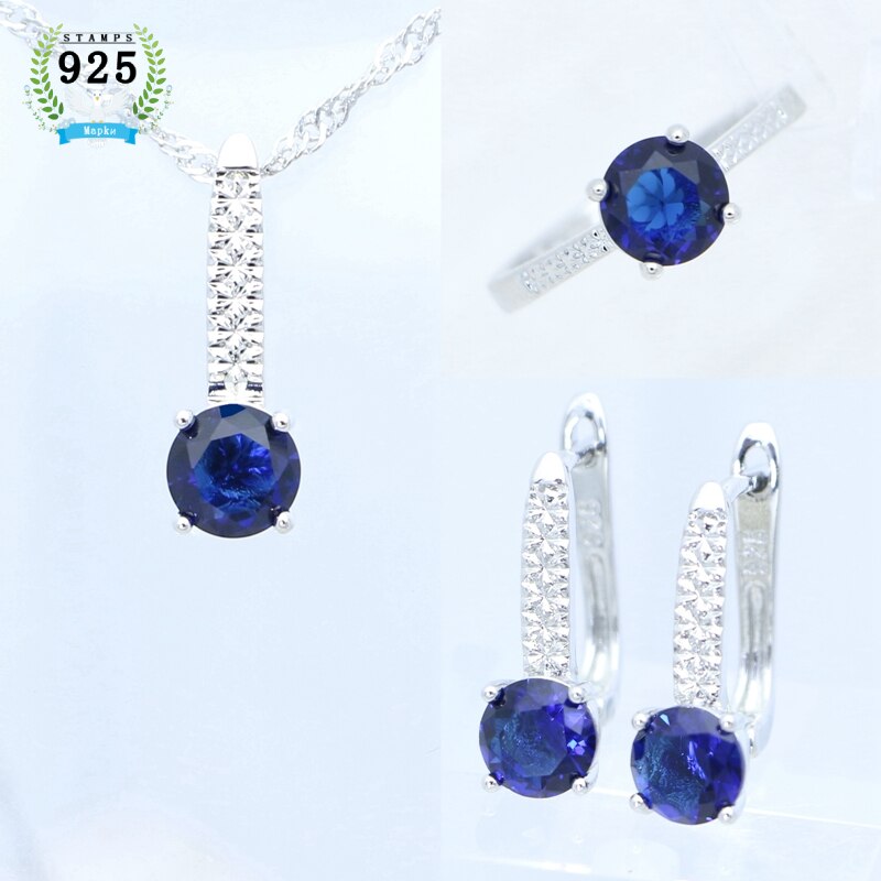 925 Sterling Zilveren Bruids Sieraden Set Sapphire Oorbellen Hanger Ketting Open Ring Voor Vrouwen Gratis Box