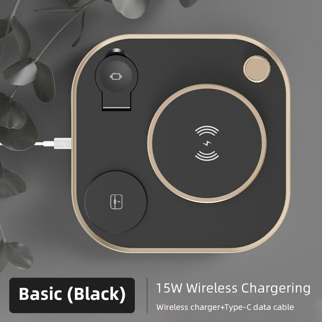 15w Fast 3 In 1 Wireless Charging for IPhone Phone Watch Earphone Modern Led Office Desk Lamp Wireless Charger Lamp: Black-Basic