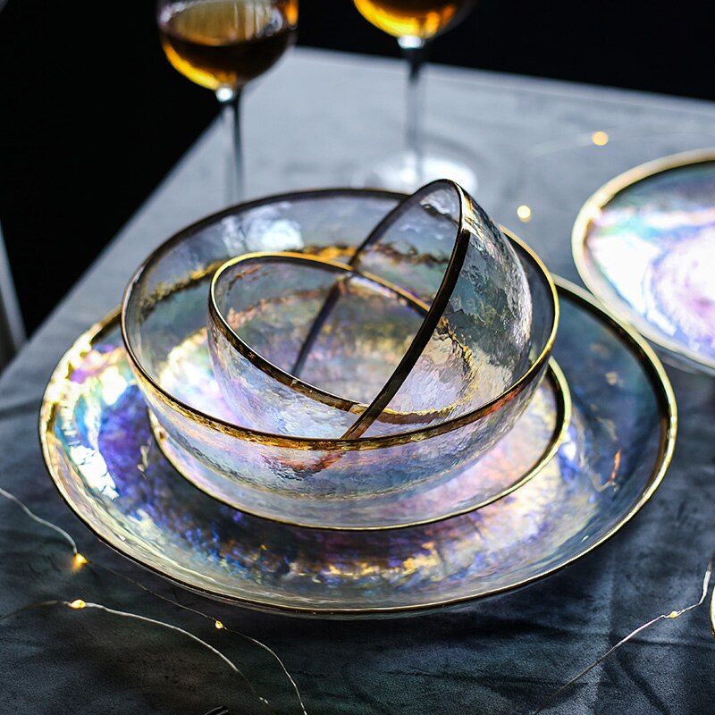 Rainbow Glass Tableware Dinner Plate Dessert Salad Bowl Western Dish Dinner Tray Fruit Plate Dinnerware Sets Plate