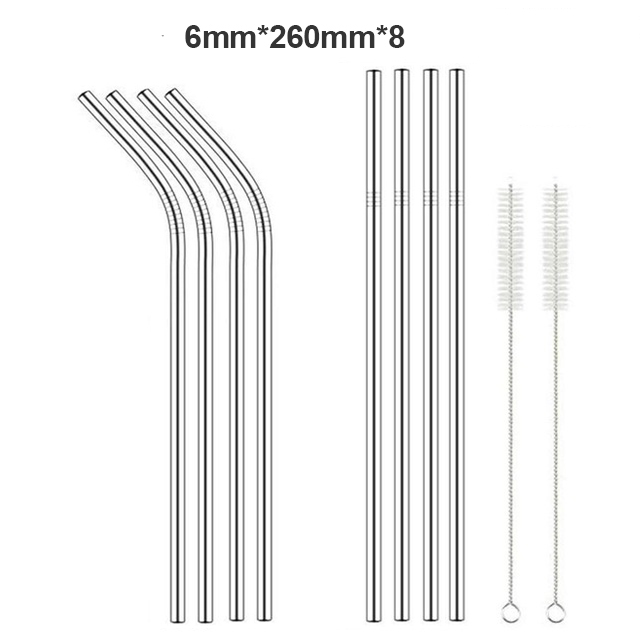Paille métallique réutilisable 260x6mm, en acier inoxydable 304 de avec brosse de nettoyage pour tasses 20/30oz,: UL-8pc-2Brush
