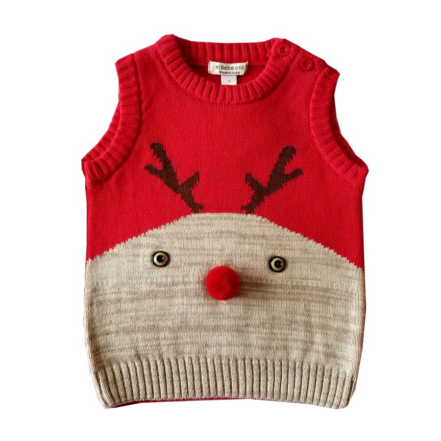 Børn sweater ærmeløs år sweater strikket baby vest toddler pige sweater elg hjorte toppe jul outfits forår efterår: Rød / 3t