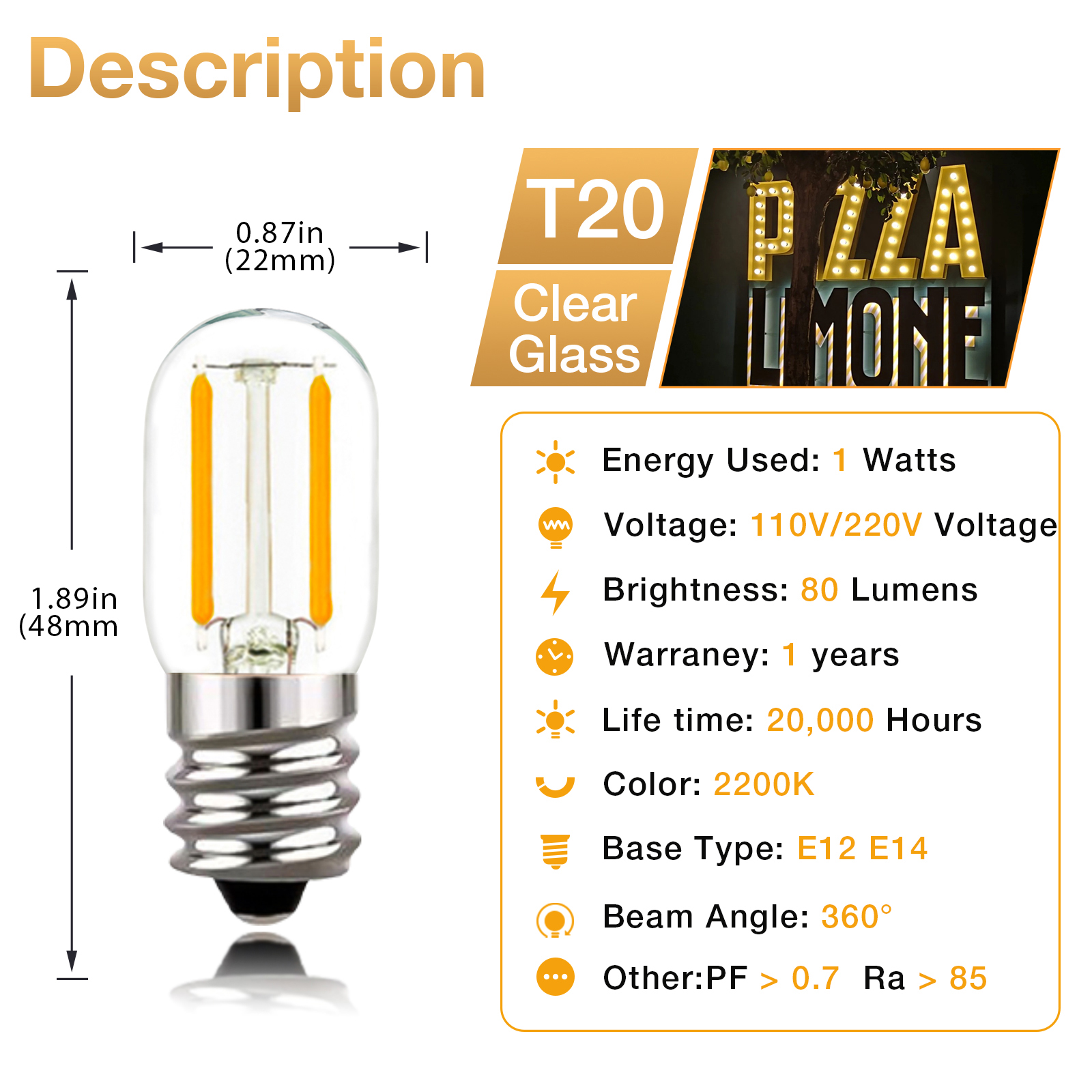 Bombilla de repuesto G40 Led 220V E12 E14 0,5 W 1W 2W S14 C7 T16 lámpara LED luz nocturna de filamento para lámpara de araña: YELLOW / 2 unidades