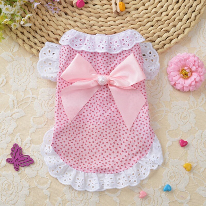 Roupa do gato Do Cão de Algodão Floral Do Laço Do Vestido de Casamento Vestido Latge Bowknot Pet Dog Vestido Verão Chihuahua Pug Roupas Filhote de Cachorro Yorkie: Rosa / M