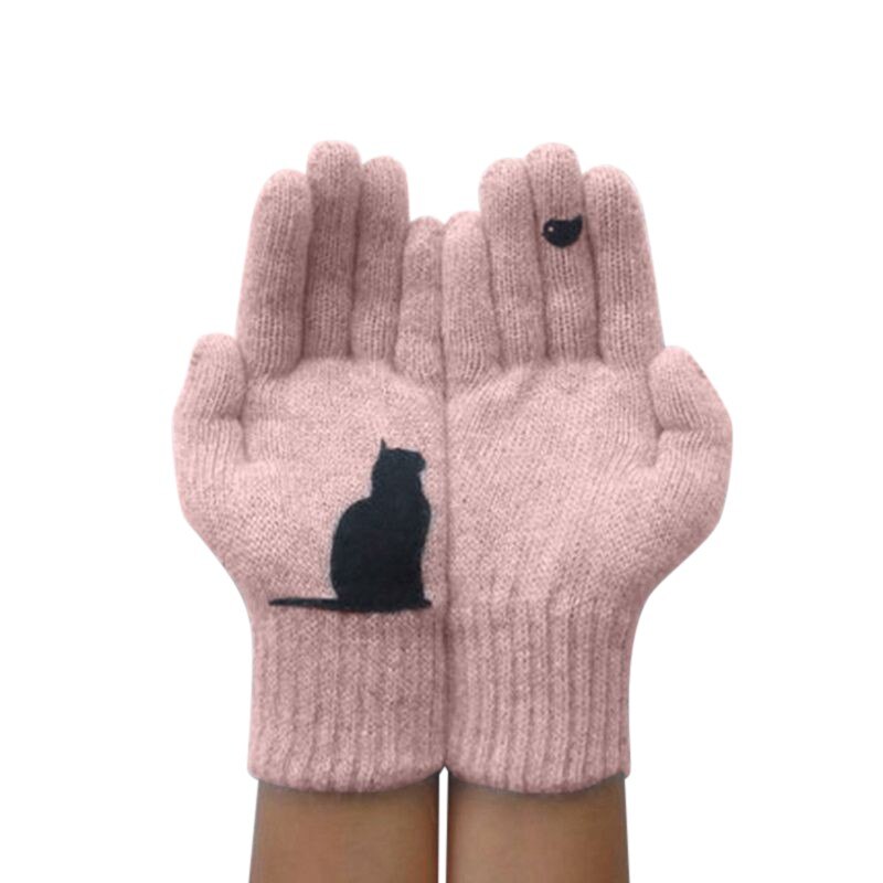 1Pair Women Girls Lovely Winter Warm Hand Protection Gloves Cartoon Cat And Bird Printed Gloves Mitten