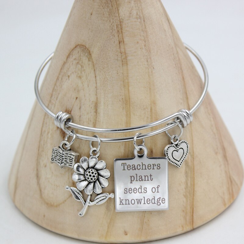 1PC gioielli in acciaio inossidabile filo regolabile braccialetto cuore fiore libro insegnanti braccialetti con ciondoli per insegnanti regali Bijoux Pulsera